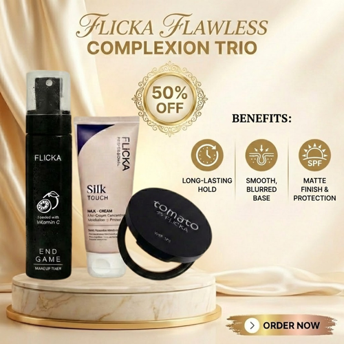 FLICKA Flawless Complexion Trio | 12-Hour Makeup Fixer + Silk Touch Primer + Matte Compact with SPF | Vitamin C Enriched, Skin-Friendly & Long-Lasting