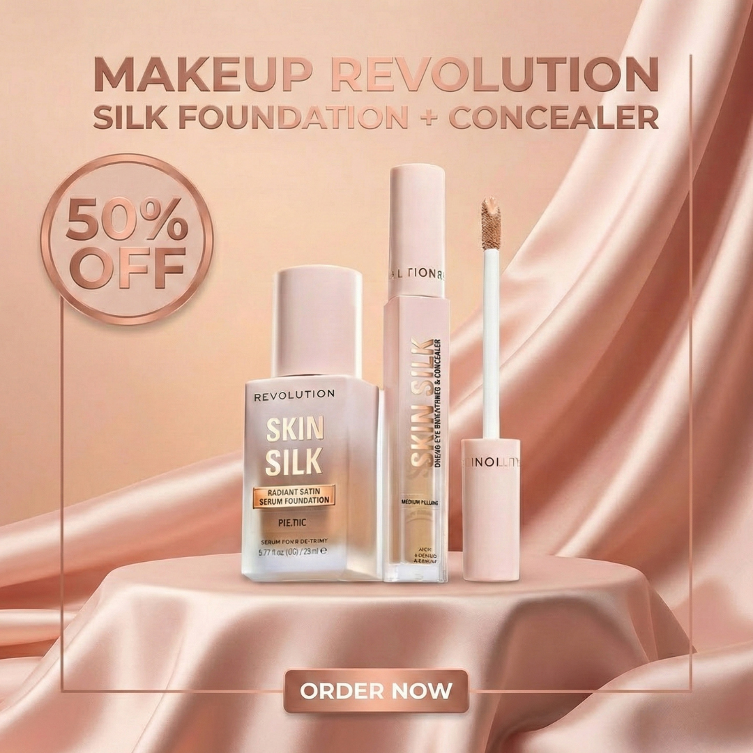 Makeup Revolution Skin Silk Duo: Luminous Serum Foundation & Under Eye Brightener Concealer & Beauty Blender