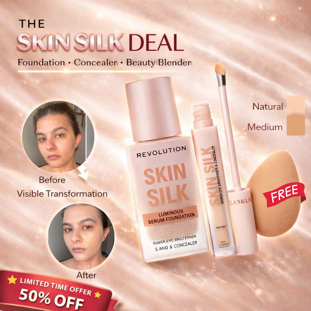 Makeup Revolution Skin Silk Duo: Luminous Serum Foundation & Under Eye Brightener Concealer & Beauty Blender